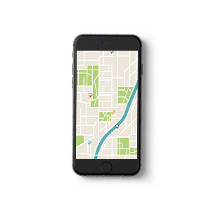 Image of a mobile phone with a map displayed on screen
